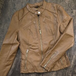 GUESS Leather Like Jacket Bomber Sz S Lined Gold Zipper Detail